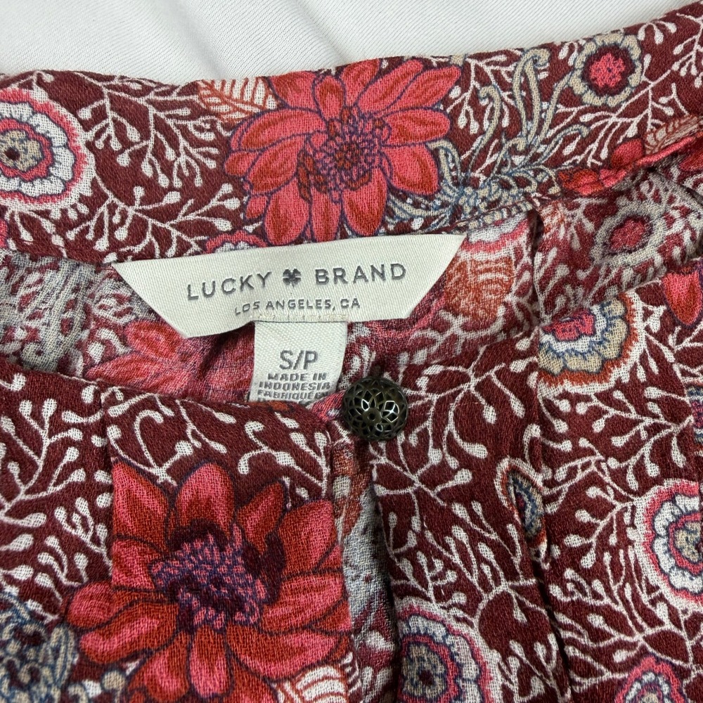 Lucky Brand Women Burgundy Red Floral Henley Peasant Blouse Long Sleeve Small - Picture 4 of 8